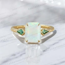 KANISHKAGEMS&JEWELS 8x6MM / 2Ct Emerald Cut Opal Engagement Ring Kite Cut Emerald Proposal Ring Yellow Gold Plated Bezel Set Jewelry Gift For Her