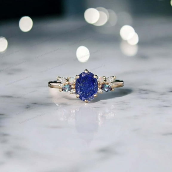 KANISHKAGEMS&JEWELS 8x6MM / 2Ct Oval Cut Lapis Lazuli Engagement Ring Opal Bridal Wedding Ring Alexandrite Cluster Gift Ring