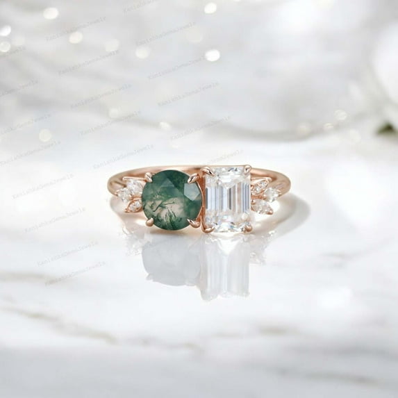 KANISHKAGEMS&JEWELS 8x6MM / 2Ct Vintage Moissanite Engagement Ring Moss Agate Bridal Wedding Jewelry Cluster Proposal Gift Ring