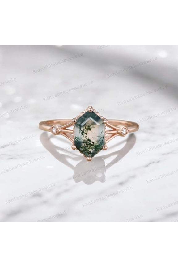 8x6MM / 2Ct Vintage Moss Agate Ring Engagement Ring For Women Natural Gemstone Wedding Jewelry CZ Diamond Gift Ring