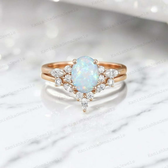 KANISHKAGEMS&JEWELS 8x6MM / 2Ct Vintage Opal Bridal Wedding Ring Set CZ Diamond Curved Proposal Band October Birthstone Women Jewelry Birthday Gift For Daughter
