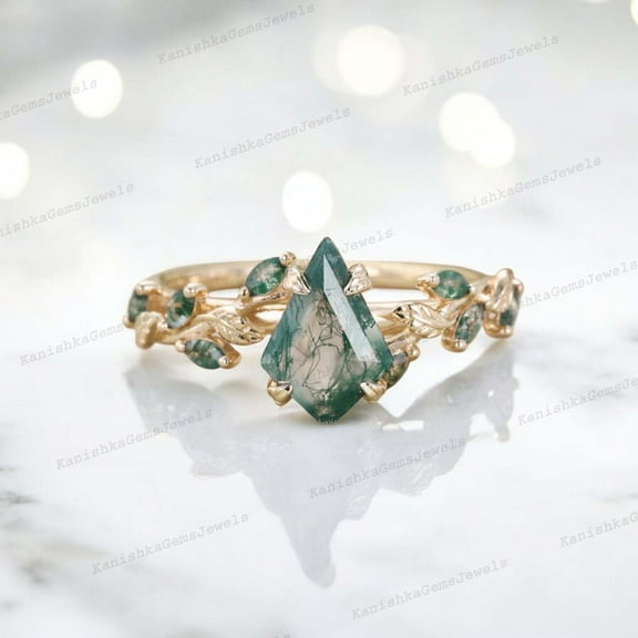 KANISHKAGEMS&JEWELS 9x7 mm / 2 Ct Natural Moss Agate Engagement Ring Leaf Twig Proposal Jewelry Valentine's Day Gift