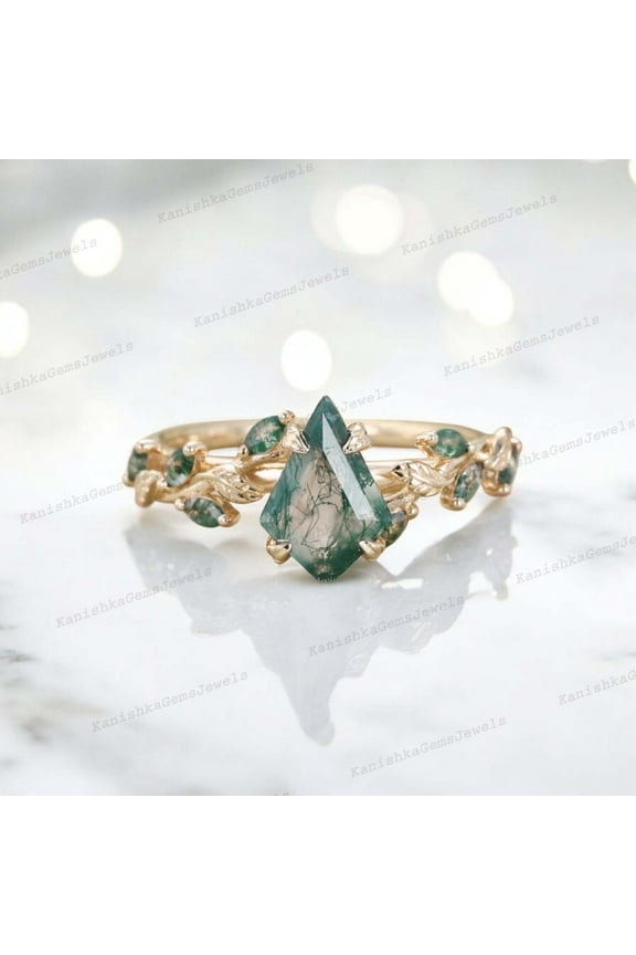 9x7 mm / 2 Ct Natural Moss Agate Engagement Ring Leaf Twig Proposal Jewelry Valentine's Day Gift