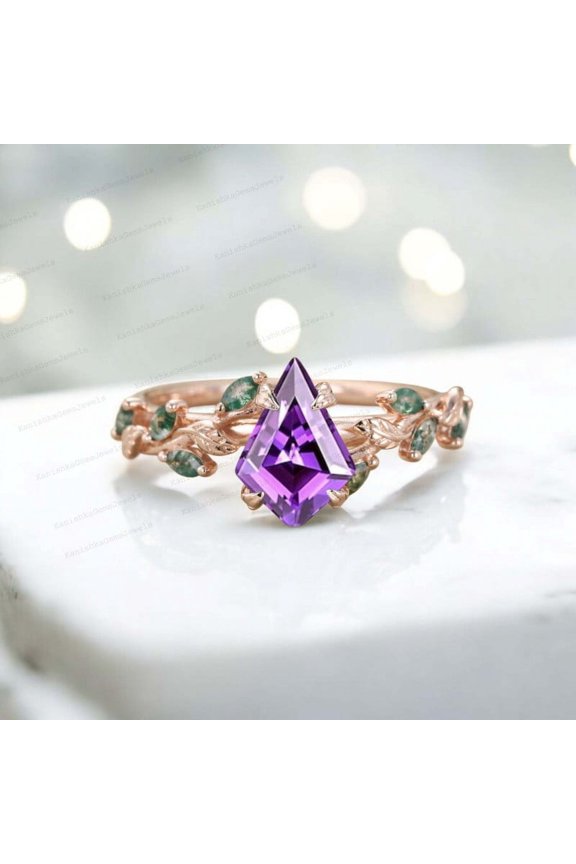 9x7MM / 1.5Ct Kite Amethyst Engagement Ring Moss Agate Proposal Ring Leaf Twig Nature Inspired Jewelry Proposal Gift Ring