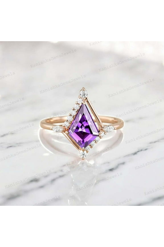 9x7MM / 1.5Ct Kite Cut Amethyst Bridal Wedding Ring CZ Diamond Alternative Fine Women Jewelry Rose Gold Plated Prong Set Ring