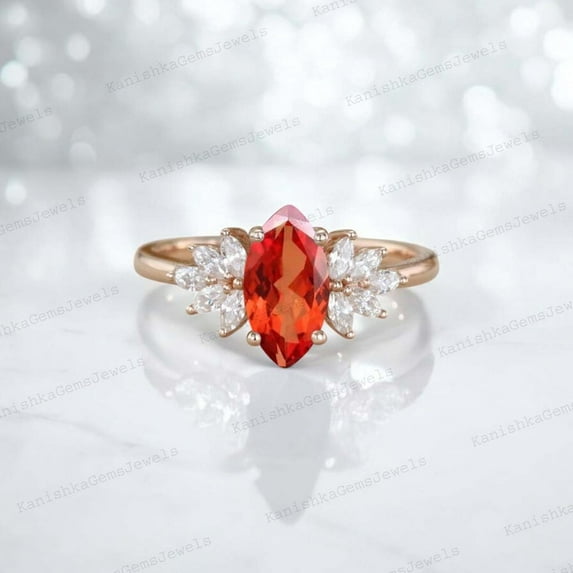 KANISHKAGEMS&JEWELS 9x7MM / 1.5Ct Padparadscha Sapphire Engagement Ring CZ Diamond Cluster Bridal Wedding Jewelry Anniversary Gift For Wife