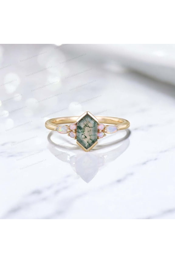 9x7MM / 2Ct Natural Moss Agate Engagement Ring Opal Cluster Wedding Jewelry Green Gemstone Promise Ring Christmas Gift For Lover