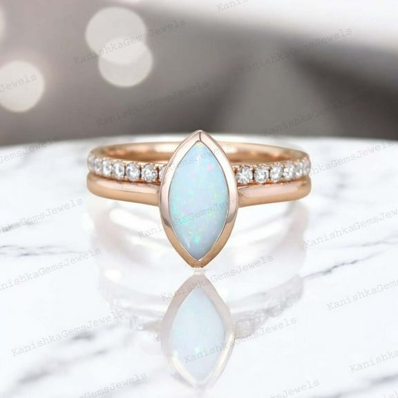KANISHKAGEMS&JEWELS 9x7MM / 2MM Fire Opal Bridal Wedding Ring Set CZ Diamond Proposal Ring Set October Birthstone Statement Jewelry Anniversary Gift For Wife