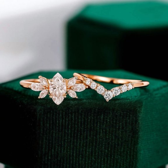 KANISHKAGEMS&JEWELS Marquise 1CT Moissanite Bridal Set Colorless Moissanite Ring Set Marquise Engagement Ring Set Wedding Anniversary Gift For Woman