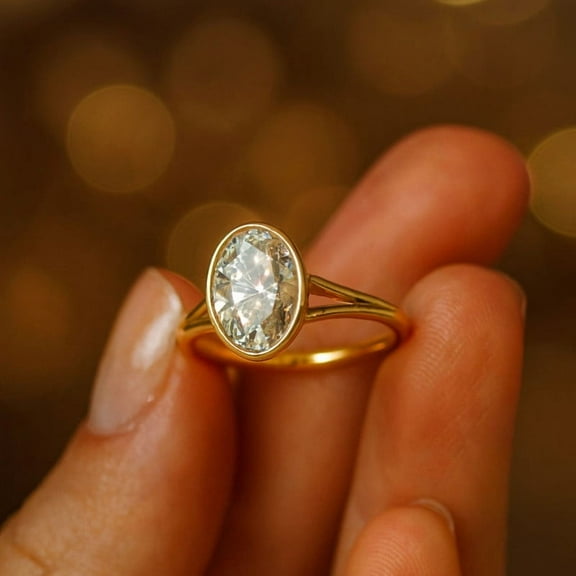 KANISHKAGEMS&JEWELS Oval Cut Moissanite Engagement Ring Yellow Gold Plated Bezel Set Ring Art Deco Women Jewelry Anniversary Gift For Her