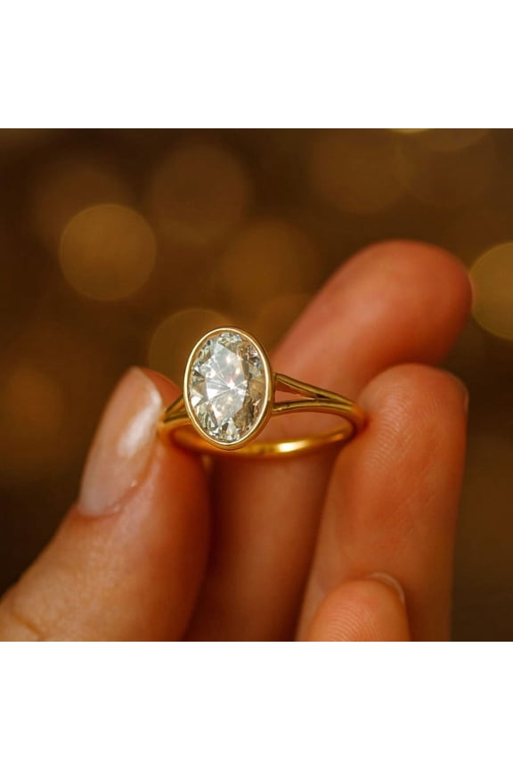 Oval Cut Moissanite Engagement Ring Yellow Gold Plated Bezel Set Ring Art Deco Women Jewelry Anniversary Gift For Her