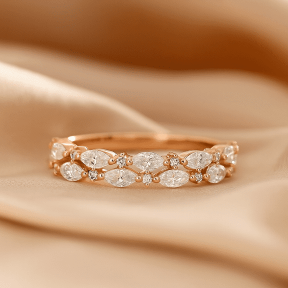 KANISHKAGEMS&JEWELS Rose Gold Wedding Band Women Unique Double Marquise Cut Moissanite Wedding Band Vintage Bridal Half Eternity Stacking Matching Promise Gift