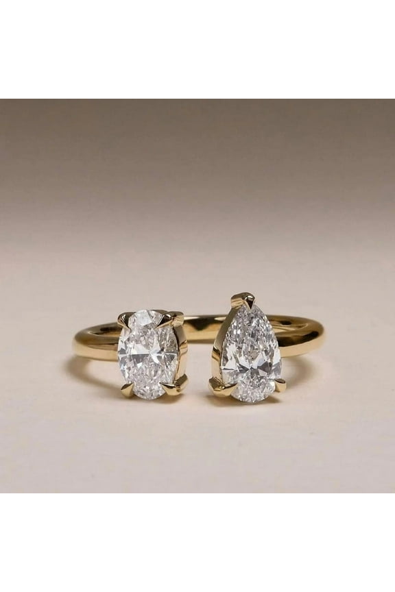 Unique Open Cuff Engagement Ring Oval and Pear Cut Moissanite Wedding Ring Toi Et Moi Diamond Ring Attractive Two Stone Anniversary Gift