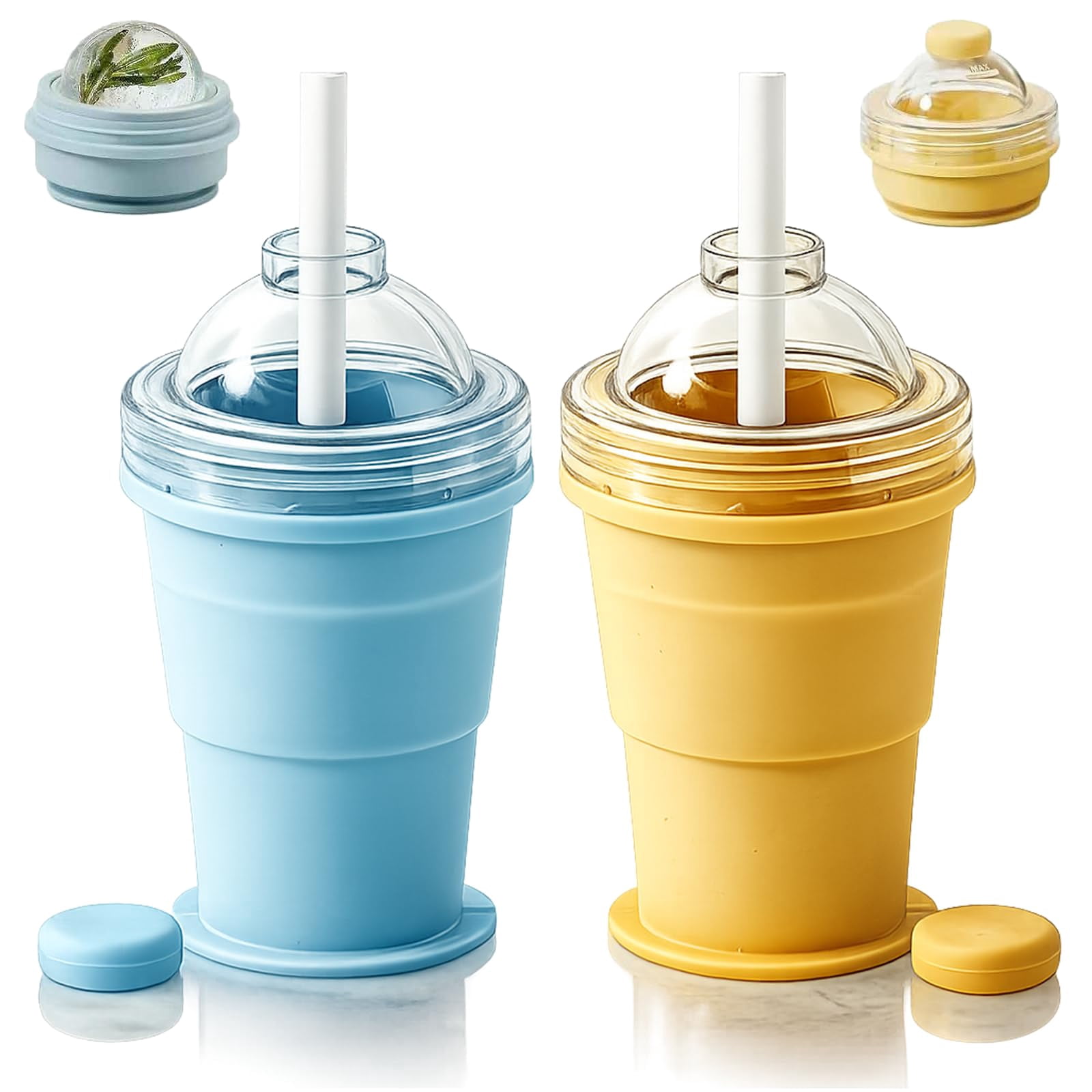 KANOHENO 2-in-1 Collapsible Silicone Ice Ball Maker Cup,13.5-16.9 oz Reusable Portable Ice Sphere Mold with Leakproof Lid & Straw,Touch-Free Leakproof Travel Tumbler