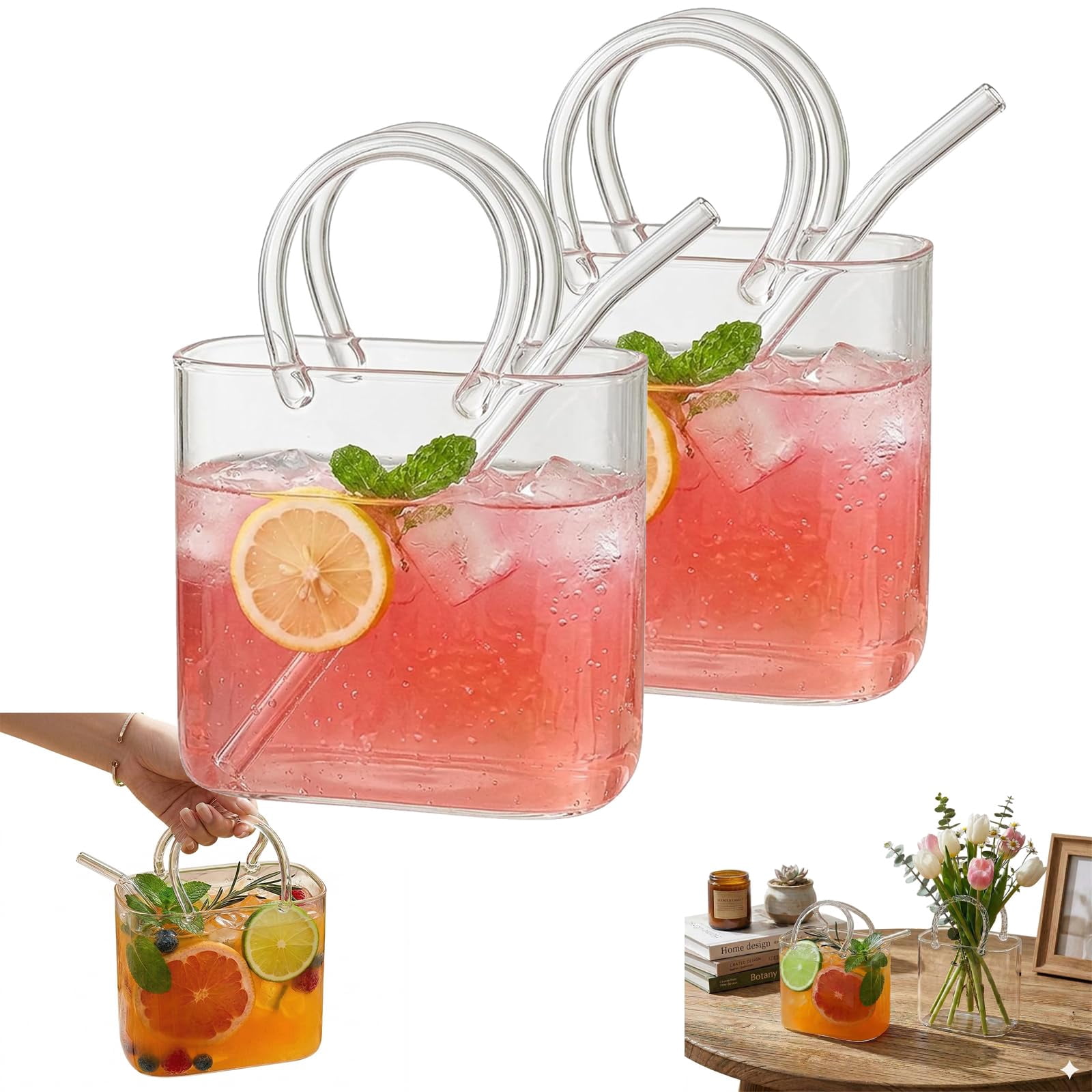 KANOHENO 27 oz Glass Purse for Drinks Set,Unique Wine Drinking Glasses with Straw for Juice,Iced Tea,Cute Gifts for Mother,Party Bar Decor & Flower Vase