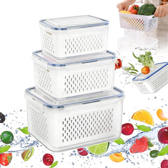 KANOHENO 4 in 1 Food Storage Container,Household Transparent Plastic Food Storage Box with Drain Basket,Double-Layer Drainage Design,4-Sided Snap Locks & Handle Hole for Easy Carry