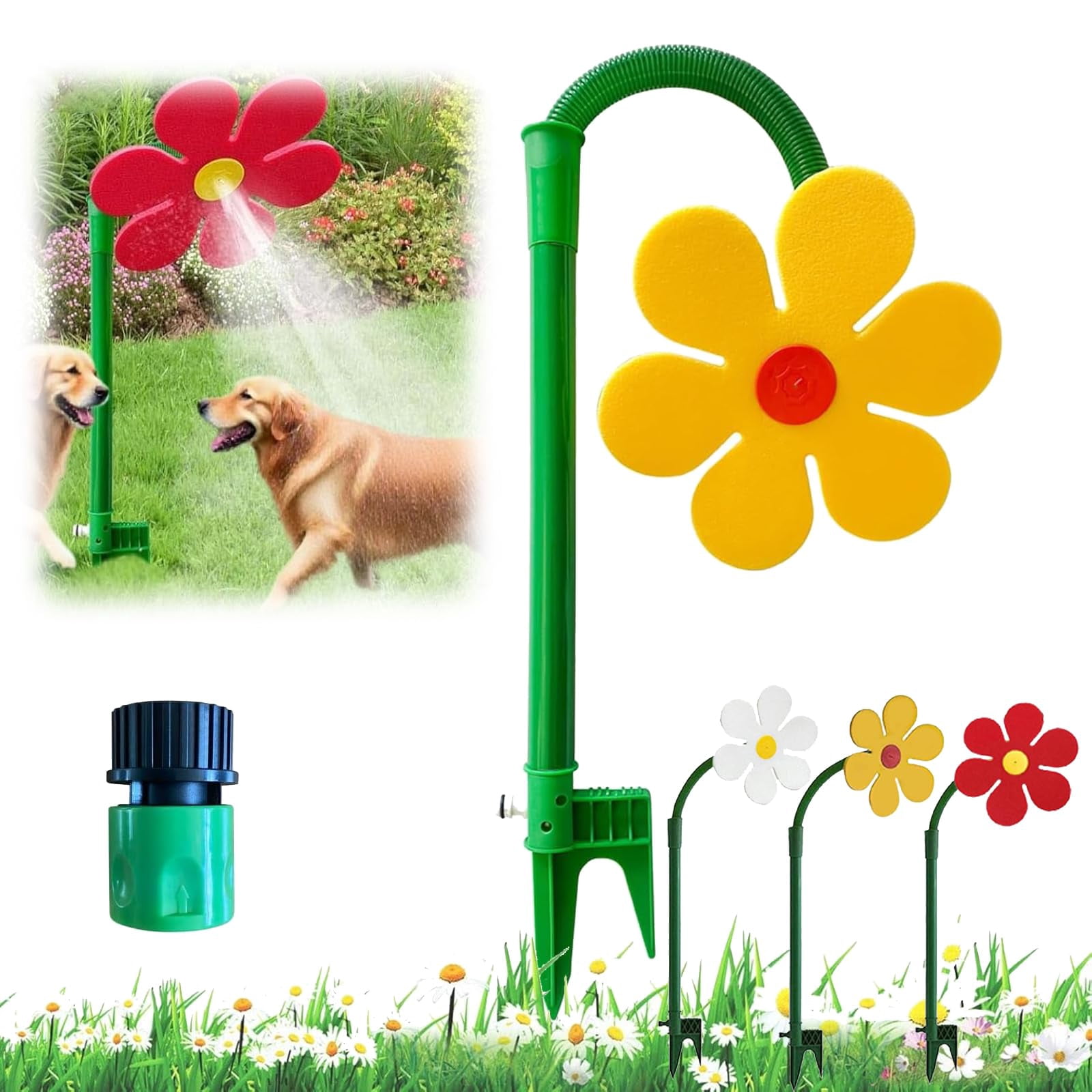 KANOHENO Sprinkler Crazy Dancing Flower,360° Rotating Sun Flower Sprinkler with Stake for Yard Watering Dogs Kids Playing