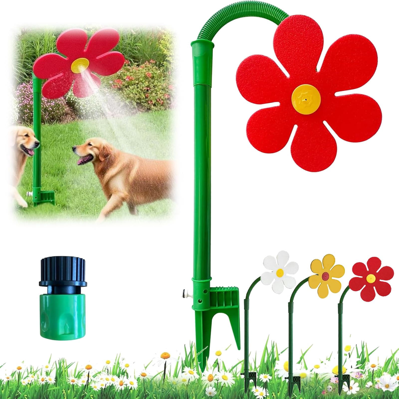 KANOHENO Sprinkler Crazy Dancing Flower,360° Rotating Sun Flower Sprinkler with Stake for Yard Watering Dogs Kids Playing