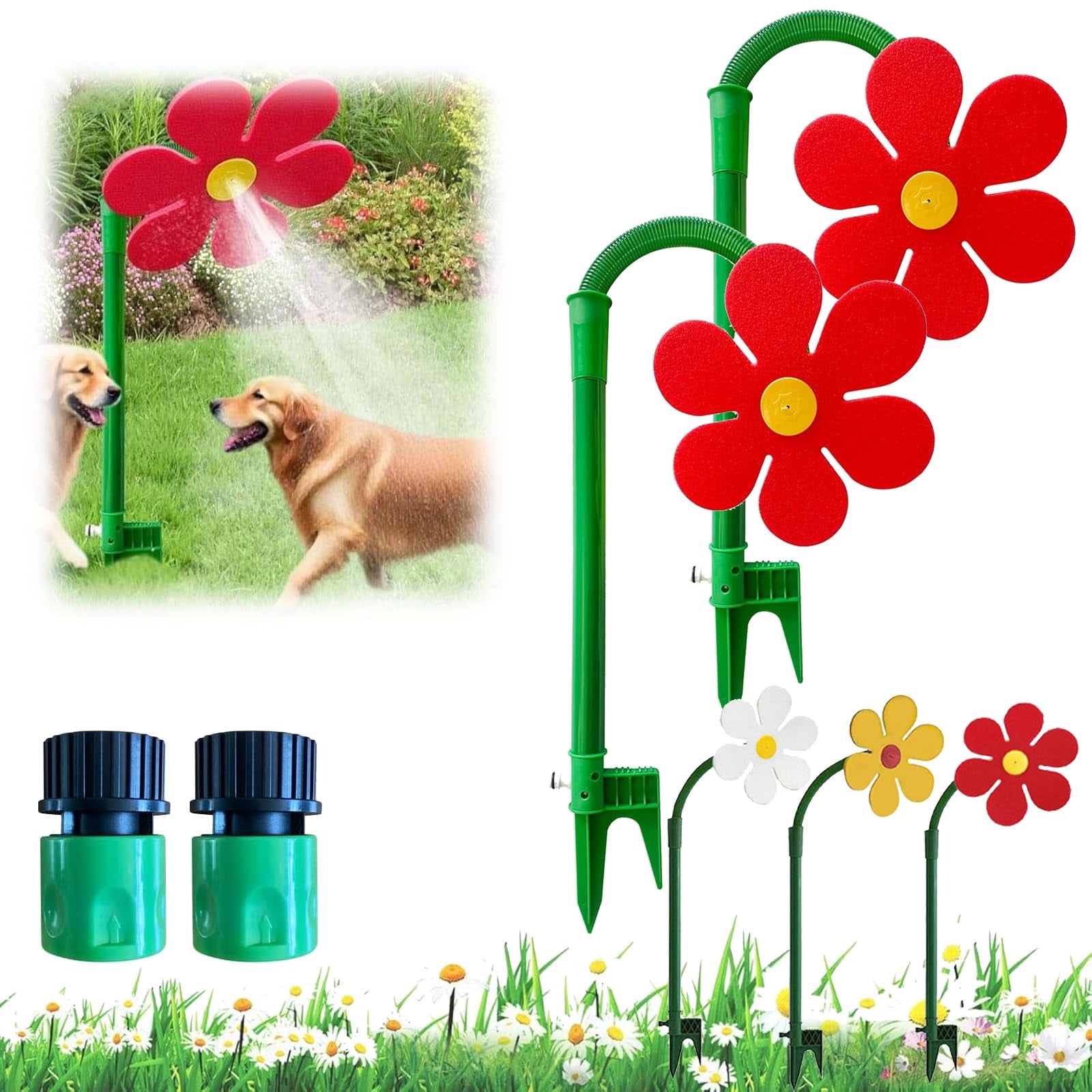 KANOHENO Sprinkler Crazy Dancing Flower,360° Rotating Sun Flower Sprinkler with Stake for Yard Watering Dogs Kids Playing