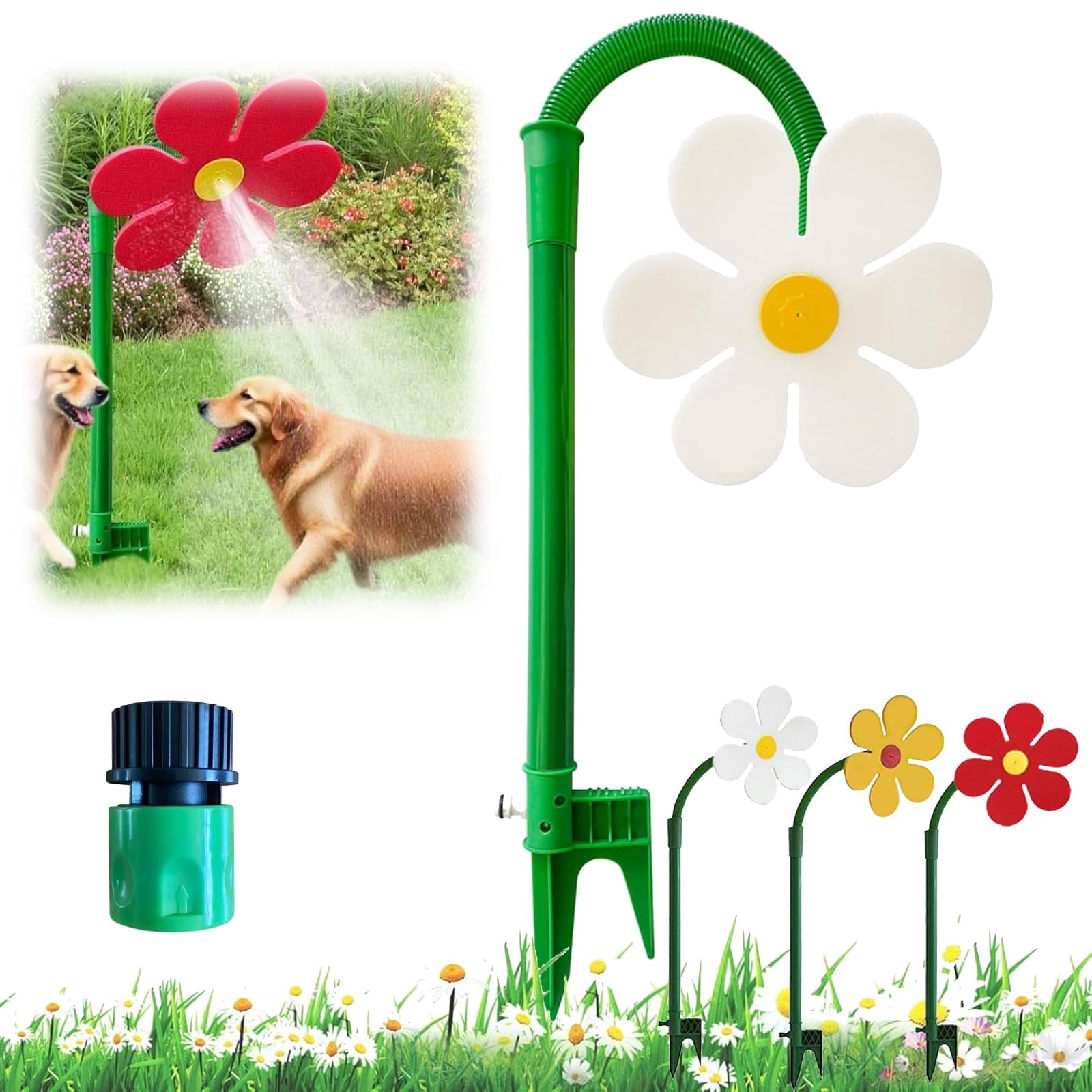 KANOHENO Sprinkler Crazy Dancing Flower,360° Rotating Sun Flower Sprinkler with Stake for Yard Watering Dogs Kids Playing