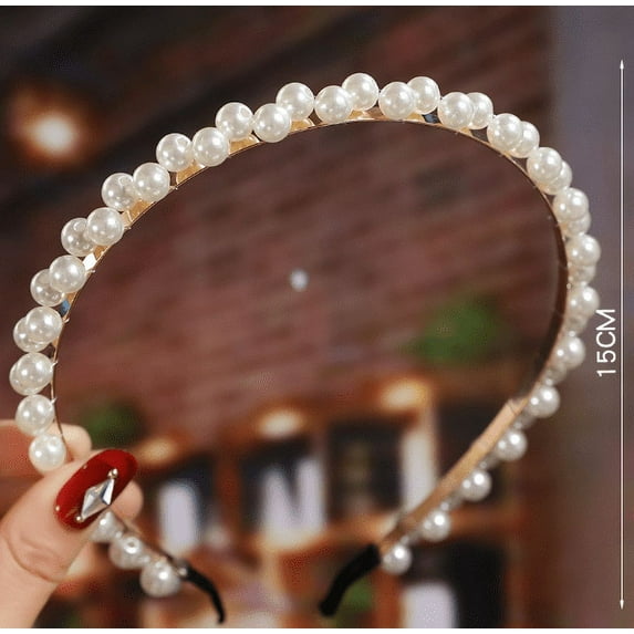 KANPRINCESS Single Row Faux Pearls Headbands, Wedding Fashion Hair Hoop, Slim Hair Hoop for Women and Girls, Luxury Hair Bands for Straight and curly hair, White