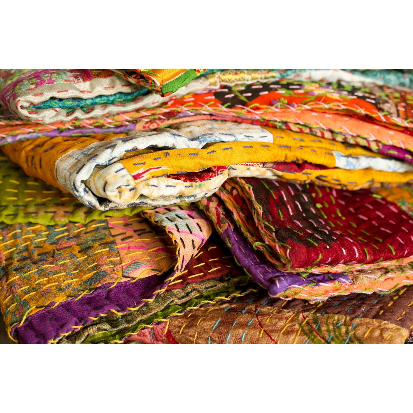 KANTHA Silk Throws 50" X 70" Cream / Brown / Orange