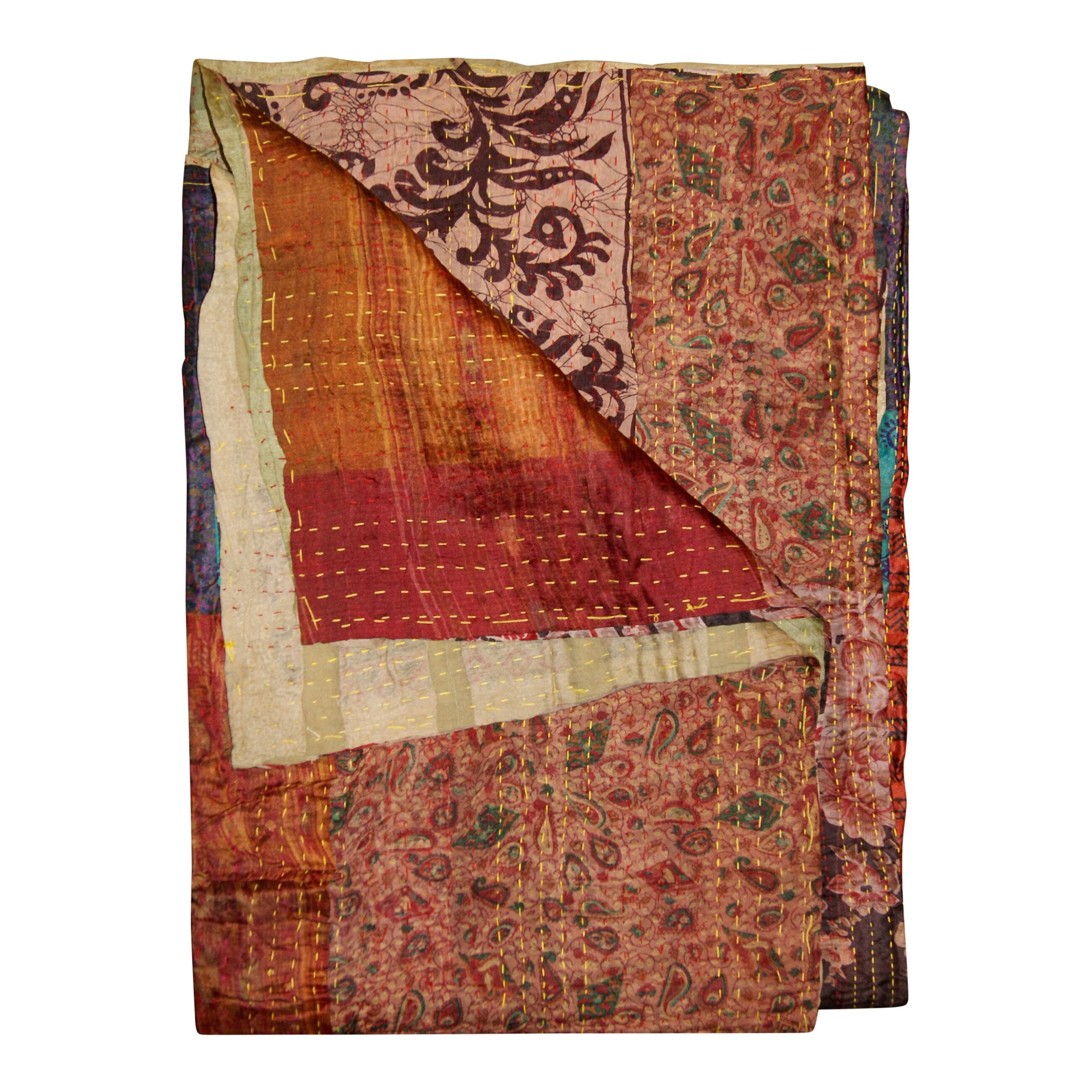 KANTHA Silk Throws 50" X 70" Orange / Burgundy / Red