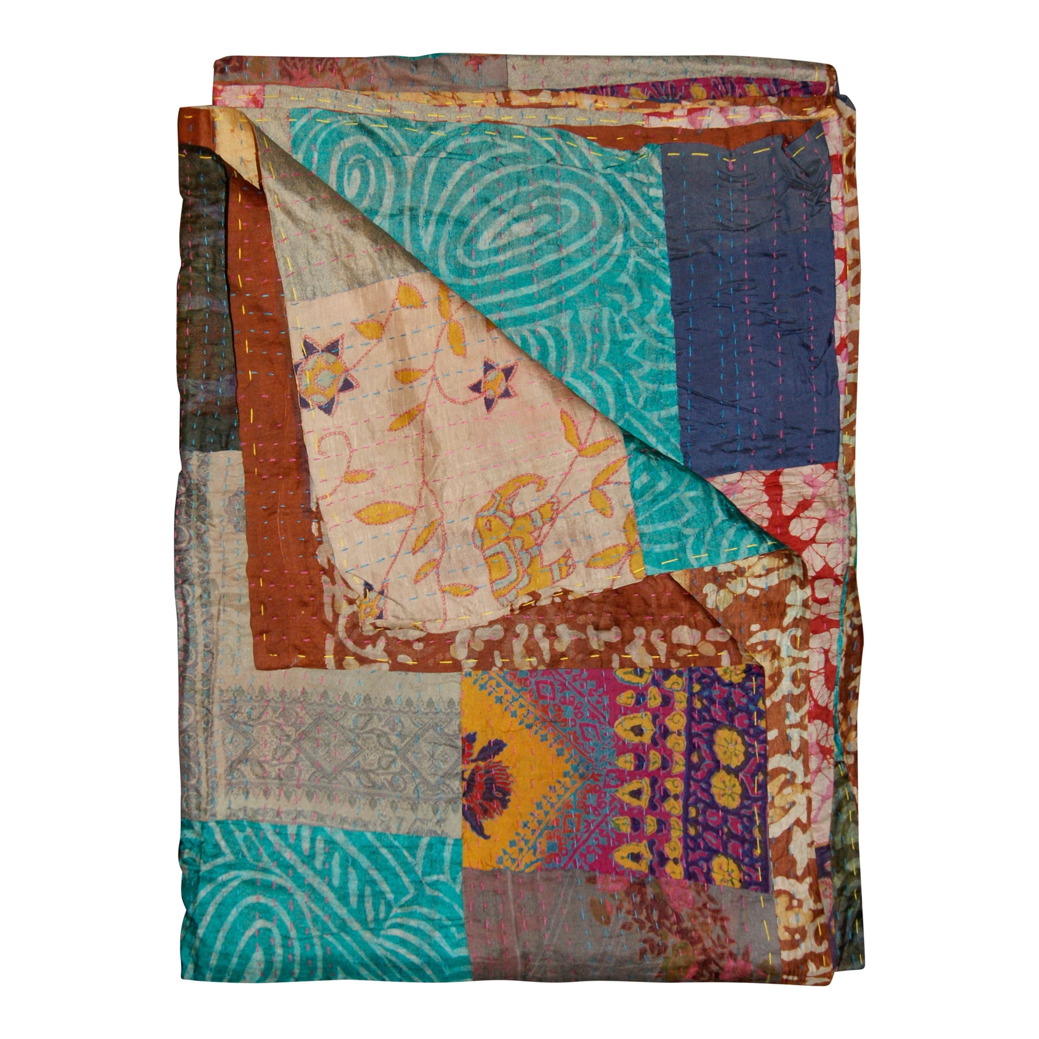 KANTHA Silk Throws 50" X 70" Turquoise / Burgundy / Cream