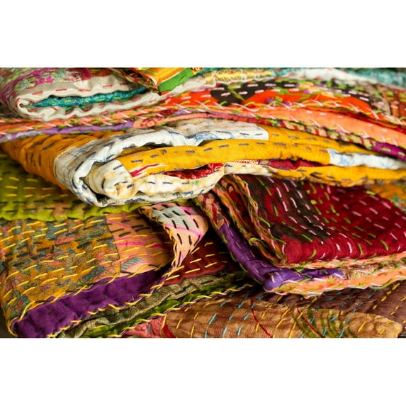 KANTHA Silk Throws 60" X 90" Red / Pink / Yellow