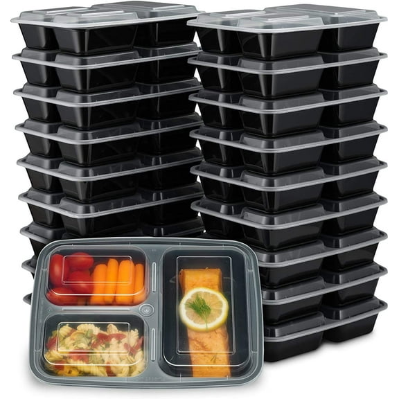 KAOCID 20 Pack 32 oz 3 Compartment Meal Prep Containers with Lids, Reusable Microwaveable&Dishwasher Safe Lunch Containers, Plastic Food Storage Takeout Containers, Stackable Bento Box