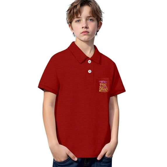 KAOOCXU Boy Eye-Catching T-Shirts Graduate Season Short Sleeve Turndown Collar Button Up Polo Tshirts Letter Stylish Top With Pocket For Toddler To Teenager Relaxed Fit Lightweight Daily Wear