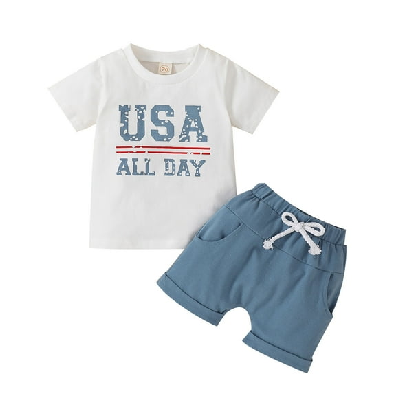 KAOOCXU Boy Girl New Tshirt Short Sleeved Birthday Letter Printed Shirt Tops Solid Color Shorts Independence Day 4 Of July 2Pc Set Outfits Clothes