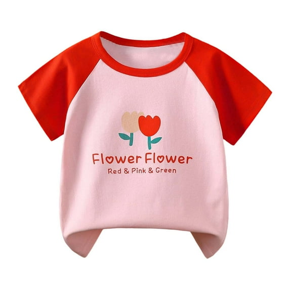 KAOOCXU Boy Girl Summer T-Shirts Cartoon Flower Printed Patchwork Short Sleeve O-Neck Letter Tshirts Cotton Casual Top Kids Durable Playsuit Sunsuit Clothes