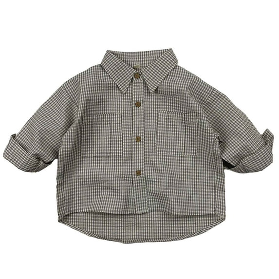 KAOOCXU Boy Girl Versatile T-Shirts Plaid Printed Patchwork Long Sleeve Turndown Collar Stylish Shirts Button Up Top With Pockets Relaxed Fit Lightweight Daily Wear