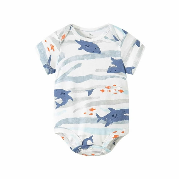 KAOOCXU Boys Girl Comfort Onesie Cartoon Shark Printed Short Sleeve O-Neck Infant Bodysuit Newborn Cotton Bodysuit Skin Friendly Lightweight Home Clothing