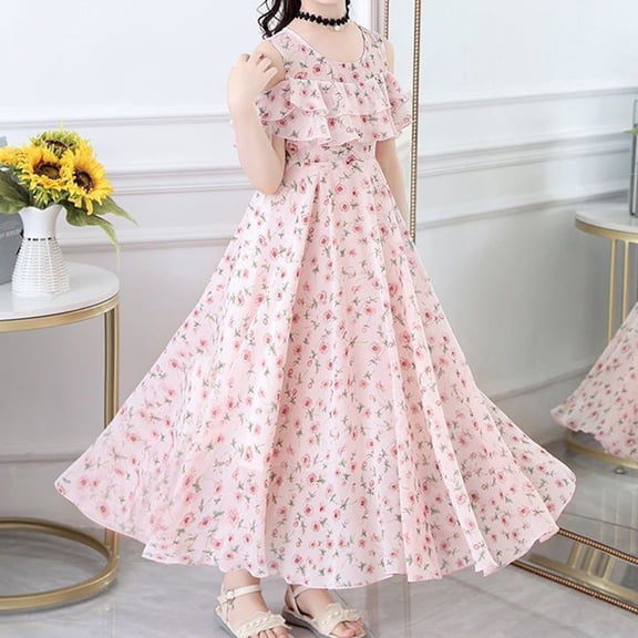 KAOOCXU Children Dress Girl Toddler Summer Floral Long Dresses For Older Kids Elegant Chiffon Dress（3-13Y） Elegant Cozy Daily Wear