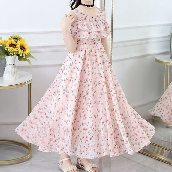 KAOOCXU Children Dress Girl Toddler Summer Floral Long Dresses For Older Kids Elegant Chiffon Dress(3-13Y) Elegant Cozy Daily Wear