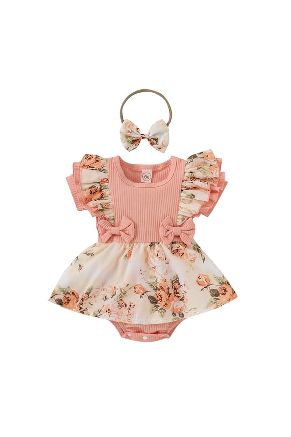 Comfort Safe Girl Bodysuit Short Sleeved Printing Bow Knot Pullover Romper With Headband Breathable Cozy Onesies For Spring And Autumn