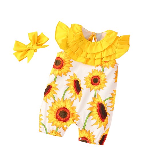 KAOOCXU Girl Lovely Bodysuit Flying Sleeved Flower Printed Jumpsuit Crawlsuit With Headband Suitable Casual Formal Occasions