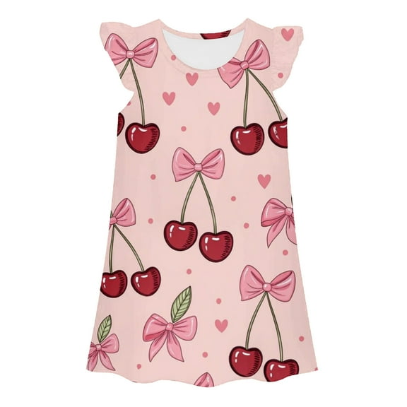 KAOOCXU Girl Lovely Dress Cherry Printed Flying Sleeved O-Neck Summer Pajamas Dress Home Wear Kids Durable Playsuit Sunsuit Clothes