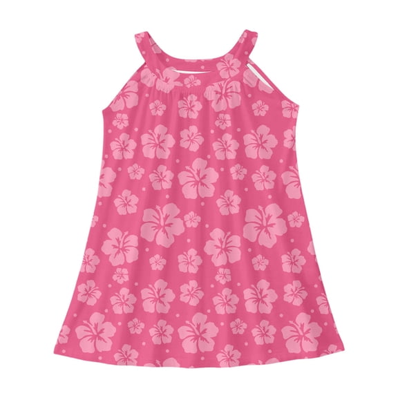 KAOOCXU Girl Lovely Dress Palm Flower Printed Sleeveless 0-Neck Strap Dresses Leisure Preppy Daily Wear