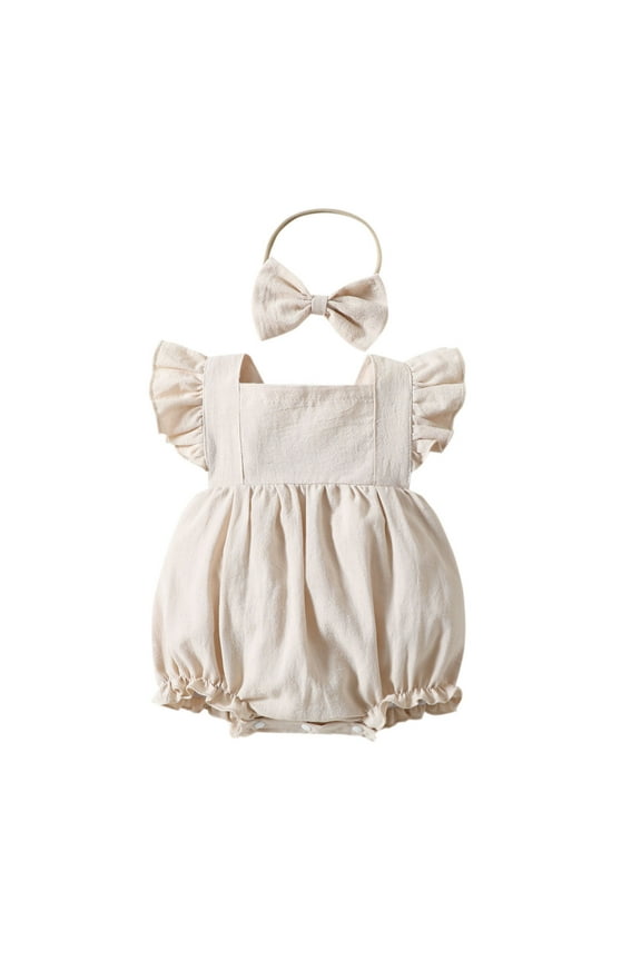 Girl New Bodysuit Flying Sleeved O-Neck Solid Color Romper With Hair Band Easy To Play Wear