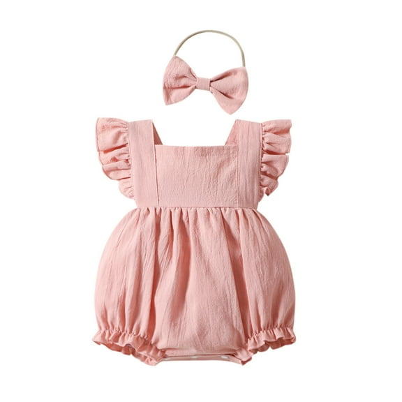 KAOOCXU Girl New Bodysuit Flying Sleeved O-Neck Solid Color Romper With Hair Band Easy To Play Wear