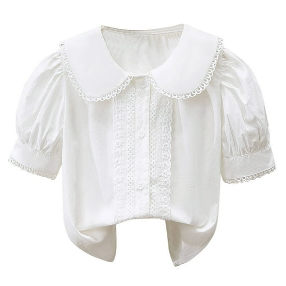 KAOOCXU Girl New Versatile T-Shirts Solid Color Puff Sleeve Peter Pan Collar Summer Cotton Tshirts Ruffled Button Up Tops Relaxed Fit Lightweight Daily Wear