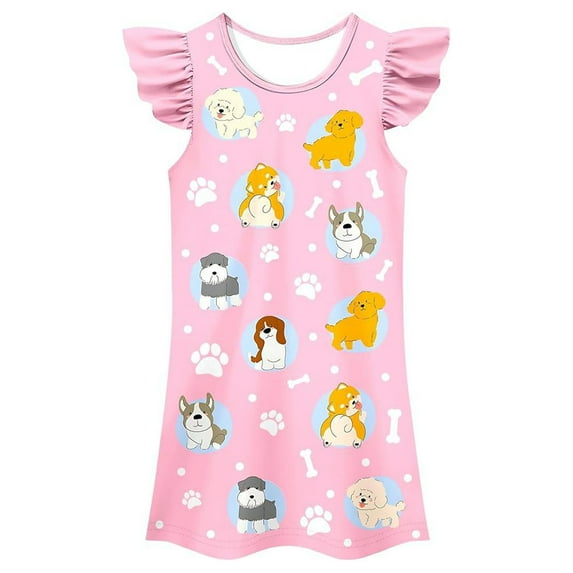 KAOOCXU Girl Versatile Dress Cartoon Dog Printed Flying Sleeve O-Neck Stylish Casual Dresses Pajamas Skin Friendly Relaxed Fit Activewear