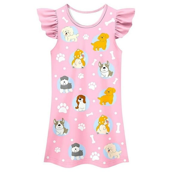 KAOOCXU Girl Versatile Dress Cartoon Dog Printed Flying Sleeve O-Neck Stylish Casual Dresses Pajamas Skin Friendly Relaxed Fit Activewear
