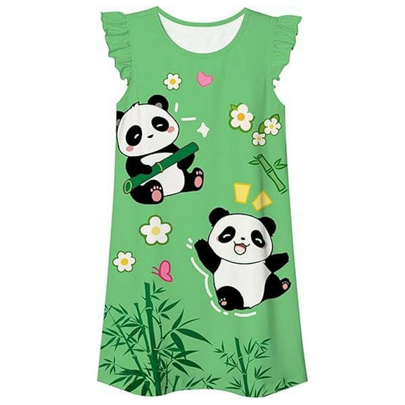 KAOOCXU Girl Versatile Dress Cartoon Pandas Printed Flying Sleeve O-Neck Casual Stylish Dresses Pajamas Skin Friendly Relaxed Fit Activewear