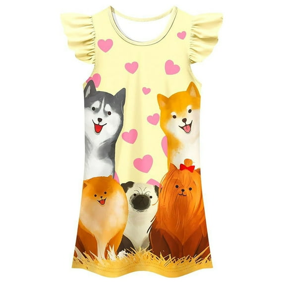 KAOOCXU Girls Lovely Dress Cartoon Dog Printed Flying Sleeve O-Neck Love Heart Dresses Pajamas Leisure Trendy Daily Wear