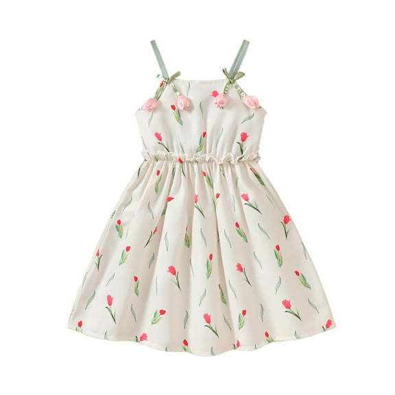 KAOOCXU Girls Lovely Dress Flower Printed Sleeveless Square Collar Ruffled Medium And Young Child Bow Strap Dresses Leisure Trendy Daily Wear