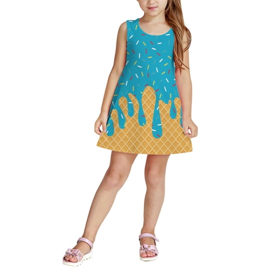 KAOOCXU Girls Lovely Dress Ice Cream Printed Sleeveless O-Neck Stylish Ruffled A-Line Dresses Leisure Trendy Daily Wear